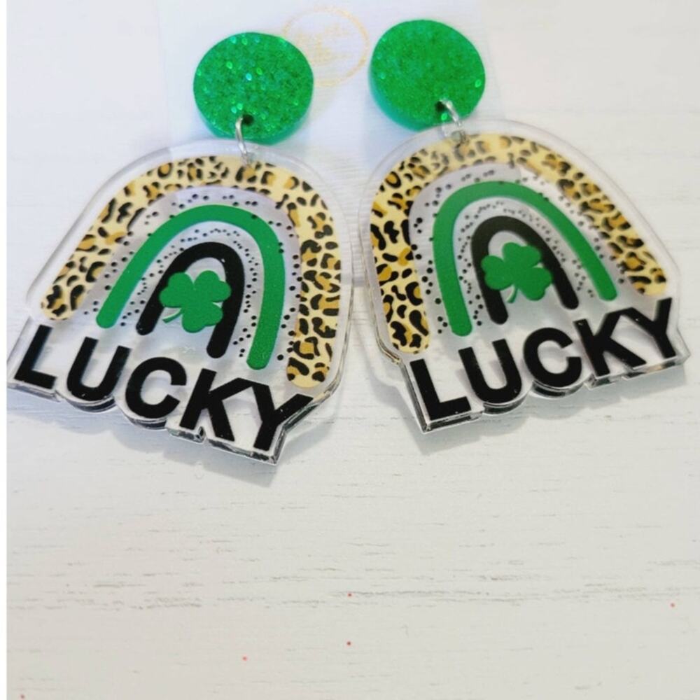 Lucky Clover Rainbow Dangle Earrings Green Gold